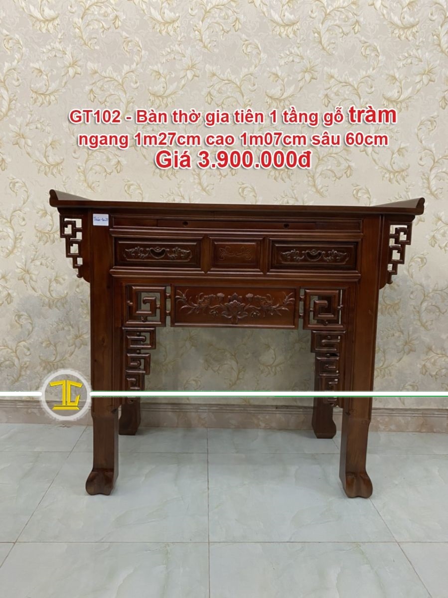 BÀN THỜ GIA TIÊN 1 TẦNG GỖ TRÀM NGANG 1M27CM CAO 1M07 SÂU 60CM - GT108